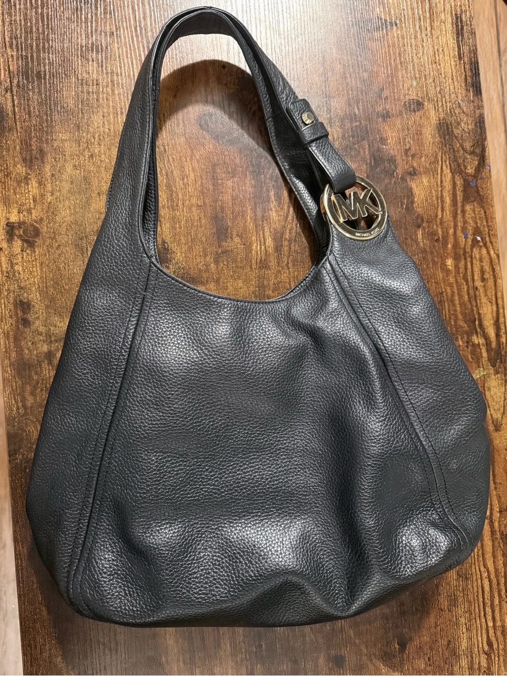 Michael Kors Black Pebbled Leather Shoulder Hobo with Gold MK Charm